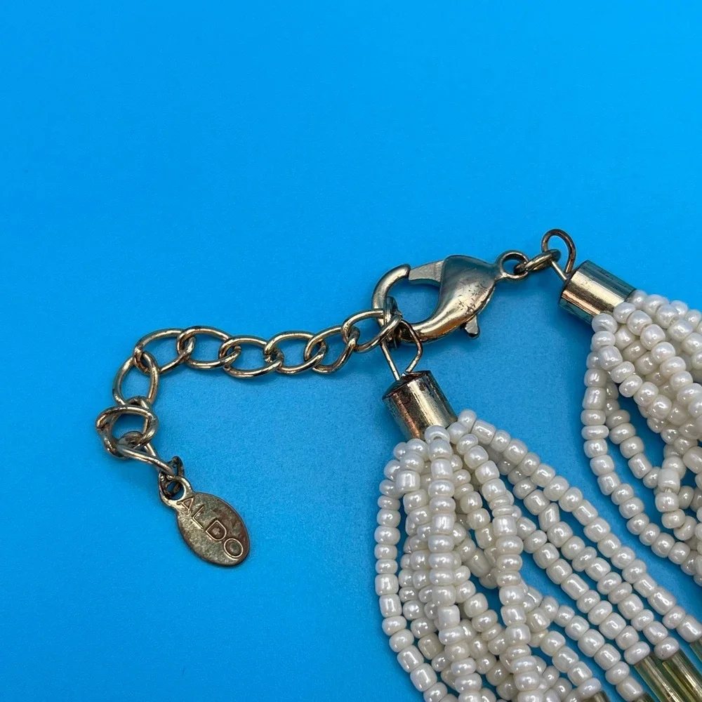 ALDO Seed Beaded Multi Strand Necklace‎ Coral White Gold Tone Boho Statement